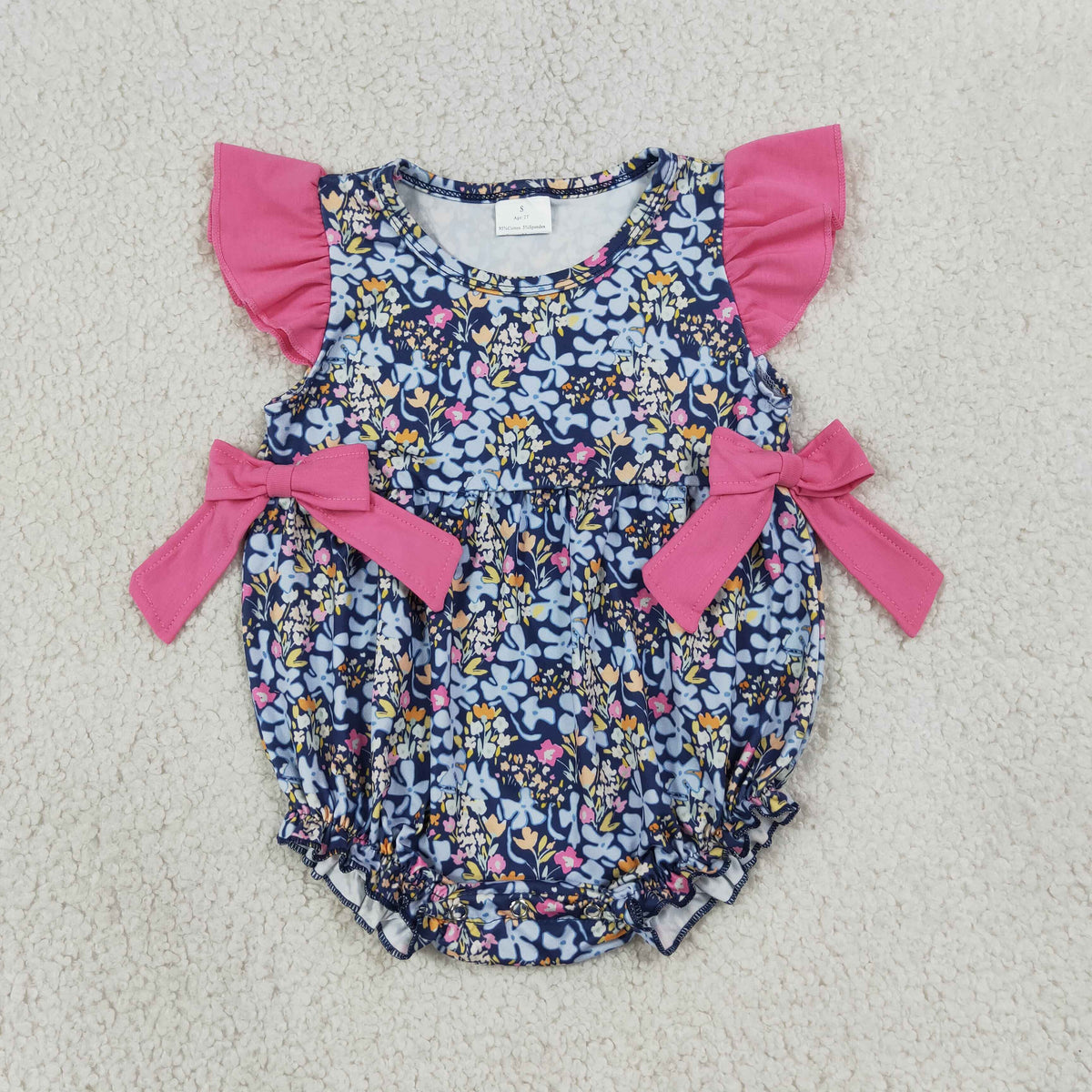SR4126 Navy Flower Leaf Rose Red Bows Ruffle Flying Sleeve Girls Bubble Romper 202607 RTS Sibling