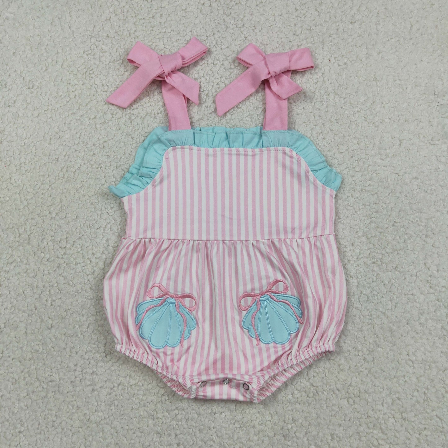 SR4127 Embroidered Seashell Bows Ruffle Pink Halter Girls Bubble Romper 202606 RTS Sibling