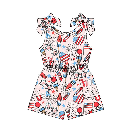 MOQ 5 PCS Preorder SR4129 4th of July USA Ice Cream Fireworks Pink Sleeveless Girls Overalls Jumpsuits 202603