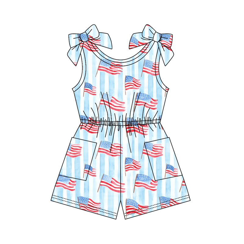 MOQ 5 PCS Preorder SR4130 4th of July Flag Blue Stripe Sleeveless Girls Overalls Jumpsuits 202603