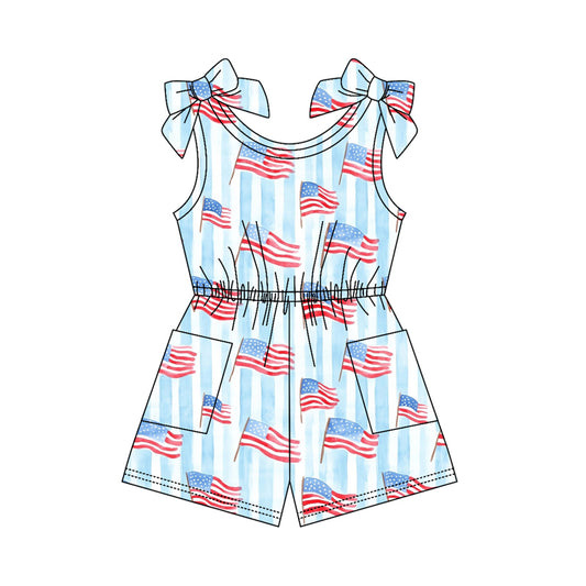 MOQ 5 PCS Preorder SR4130 4th of July Flag Blue Stripe Sleeveless Girls Overalls Jumpsuits 202603