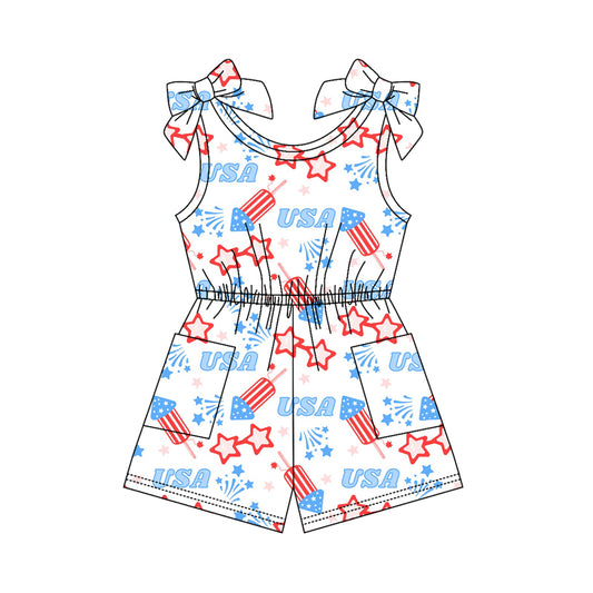 MOQ 5 PCS Preorder SR4131 4th of July USA Ice Cream Star Fireworks Blue White Sleeveless Girls Overalls Jumpsuits 202603