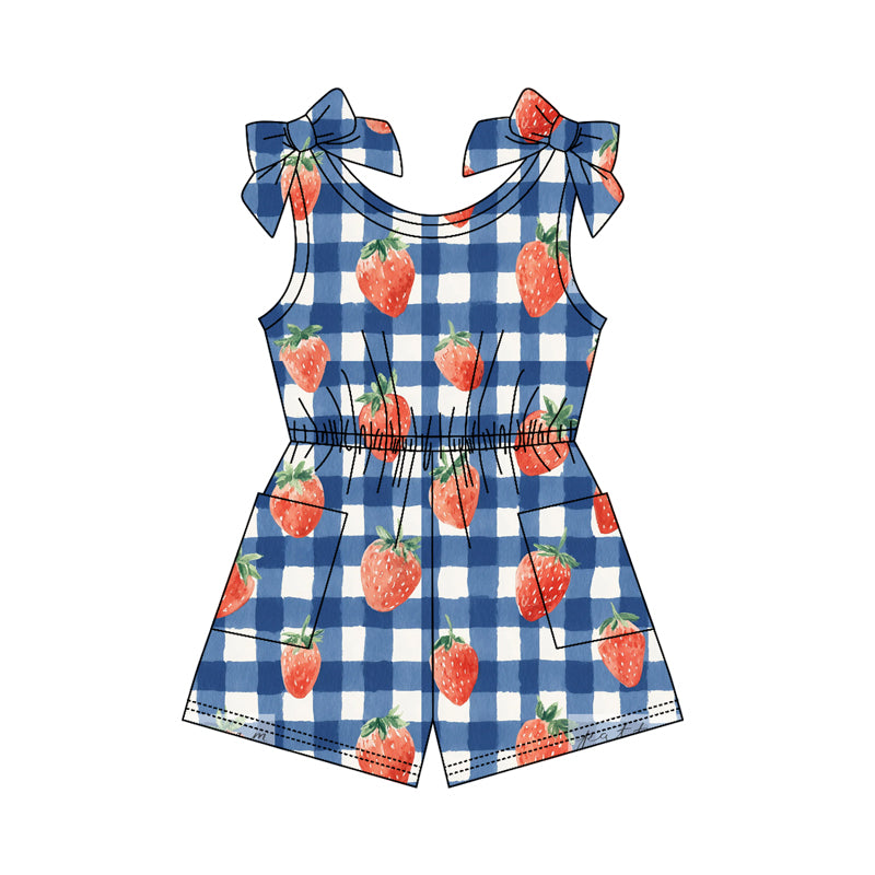 MOQ 5 PCS Preorder SR4132 Strawberry Blue Plaid Sleeveless Girls Overalls Jumpsuits 202603