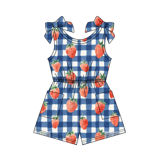 MOQ 5 PCS Preorder SR4132 Strawberry Blue Plaid Sleeveless Girls Overalls Jumpsuits 202603