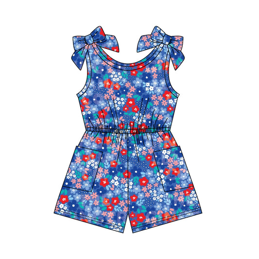 MOQ 5 PCS Preorder SR4133 Floral Blue Sleeveless Girls Overalls Jumpsuits 202603
