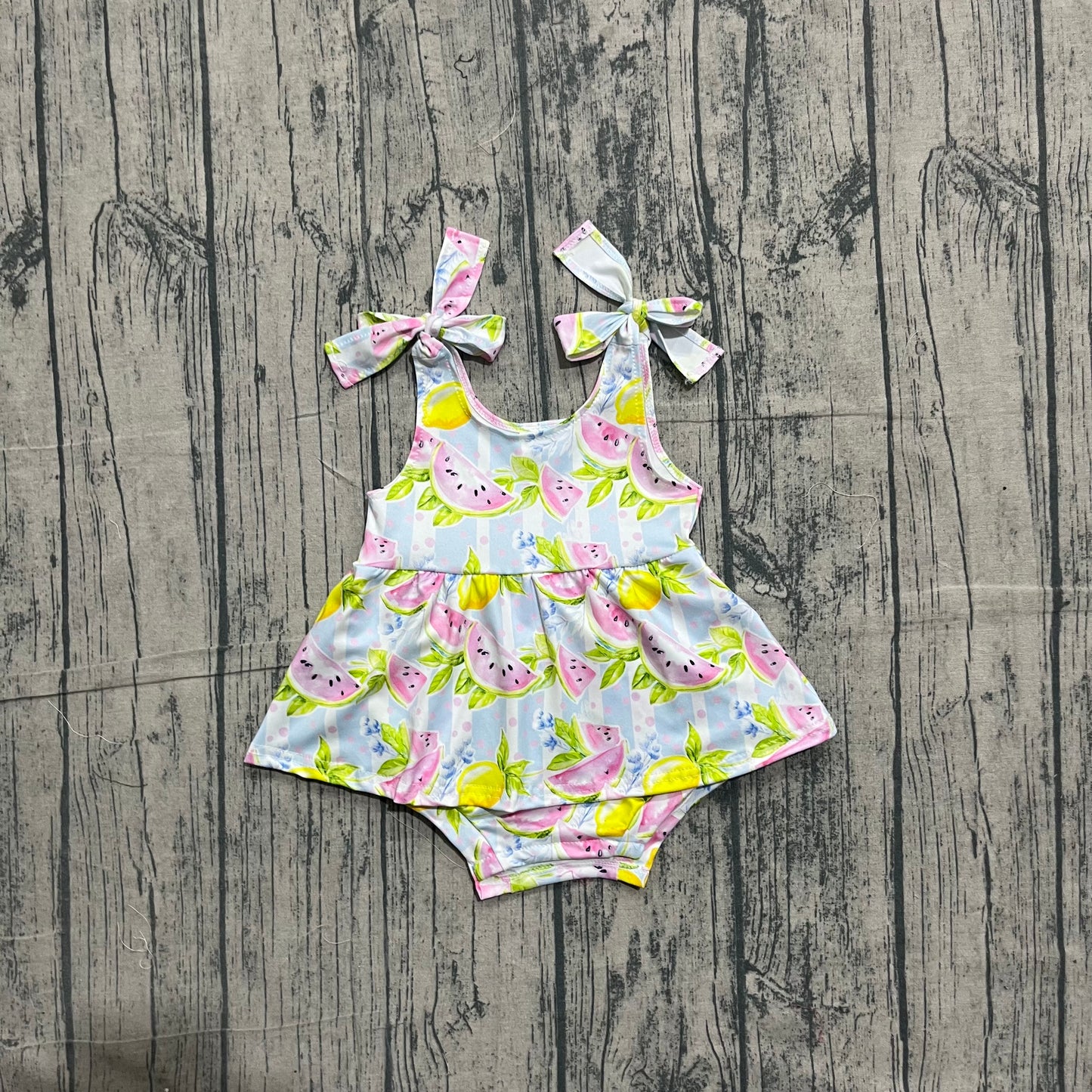 NO MOQ preorder SR4135 Watermelon Lemon Blue Stripe Ruffle Sleeveless Girls Bubble Romper 202605 Sibling