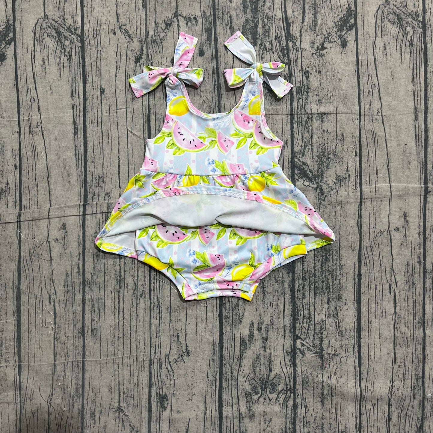 NO MOQ preorder SR4135 Watermelon Lemon Blue Stripe Ruffle Sleeveless Girls Bubble Romper 202605 Sibling