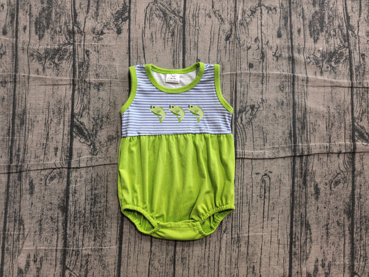 NO MOQ preorder SR4139 Embroidered Fishing Pattern Stripe Blue Green Sleeveless Boys Bubble Romper 202606 Sibling