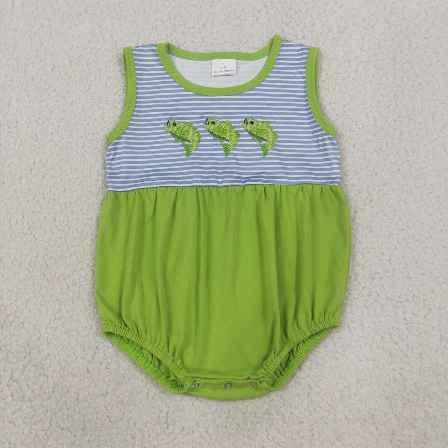 SR4139 Embroidered Fishing Pattern Stripe Blue Green Sleeveless Boys Bubble Romper 202608 RTS Sibling
