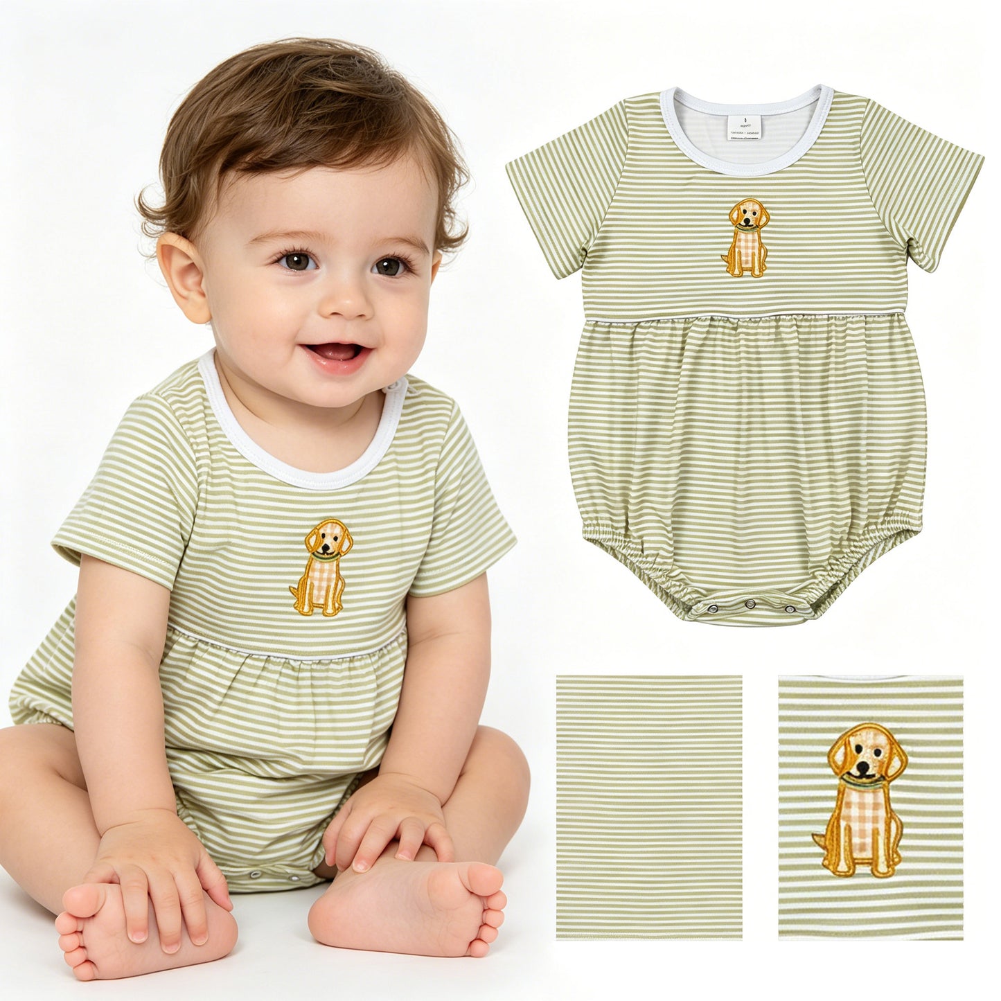 SR4140 Embroidered Puppy Pattern Yellow Green Stripe Sleeveless Boys Bubble Romper 202605 RTS Sibling