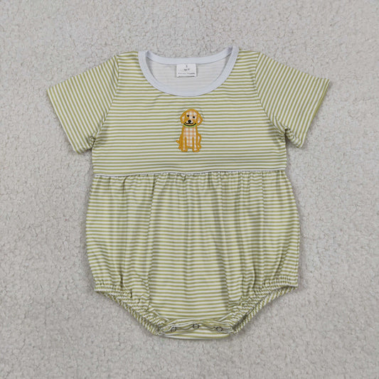 Sibling Matching Clothes Puppy Pattern Embroidered Green Stripe Short Sleeve Boys Outfit 202605 RTS