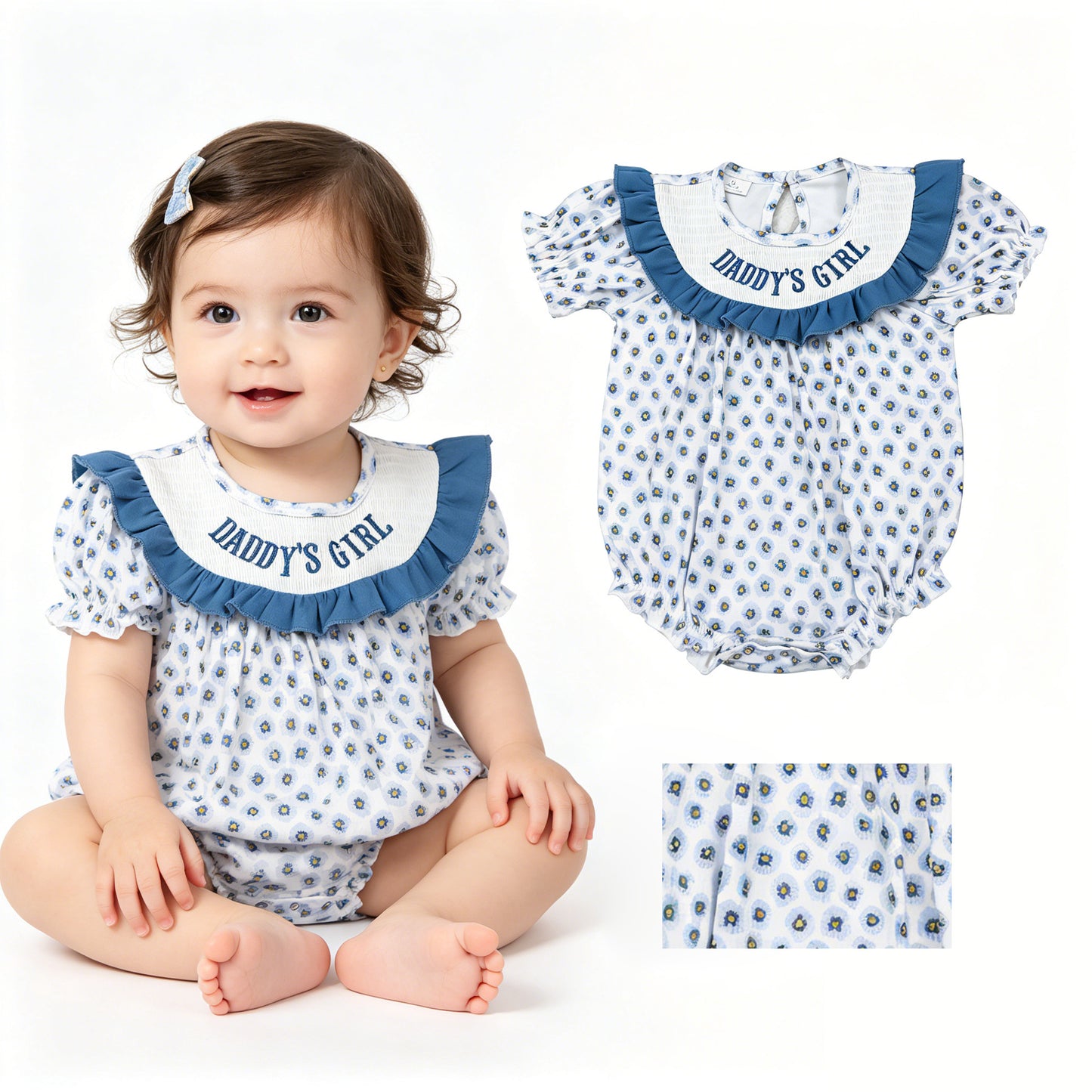 SR4141 Smocked DADDY'S GIRL Flower Gray Blue Ruffle Short Sleeve Girls Bubble Romper 202605 RTS Sibling