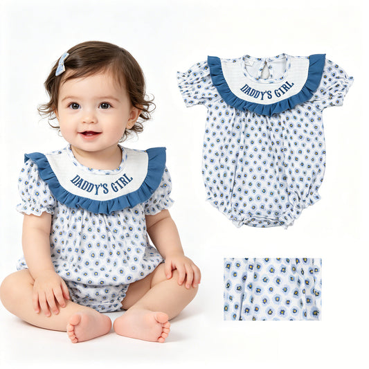 SR4141 Smocked DADDY'S GIRL Flower Gray Blue Ruffle Short Sleeve Girls Bubble Romper 202605 RTS Sibling