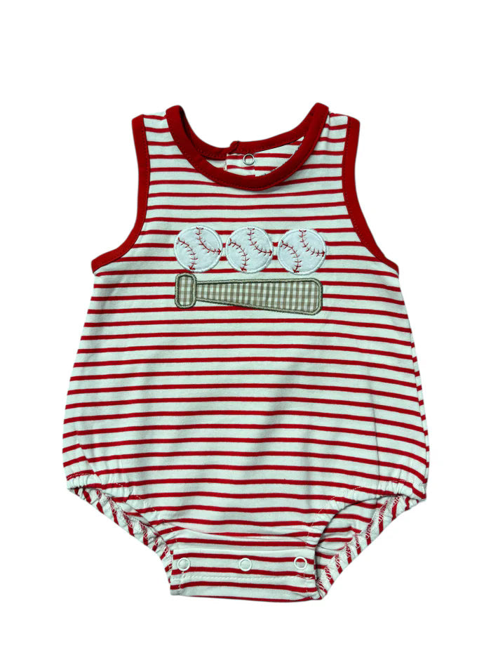 MOQ 5 PCS preorder SR4148 Baseball Red Stripe Sleeveless Boys Bubble Romper 202603