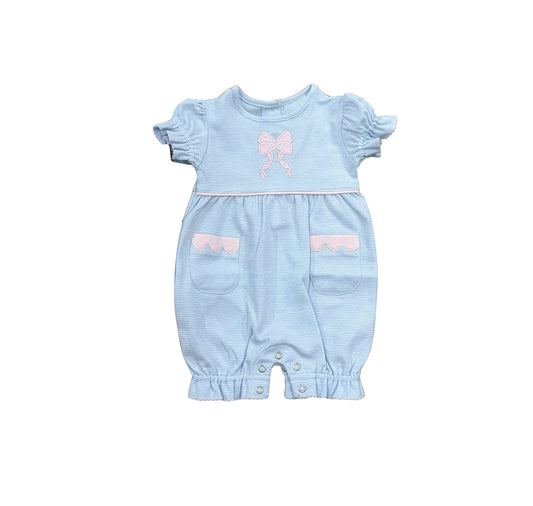 MOQ 5 PCS preorder SR4150 Pink Bow Pocket Blue Stripe Short Sleeve Girls Romper 202603