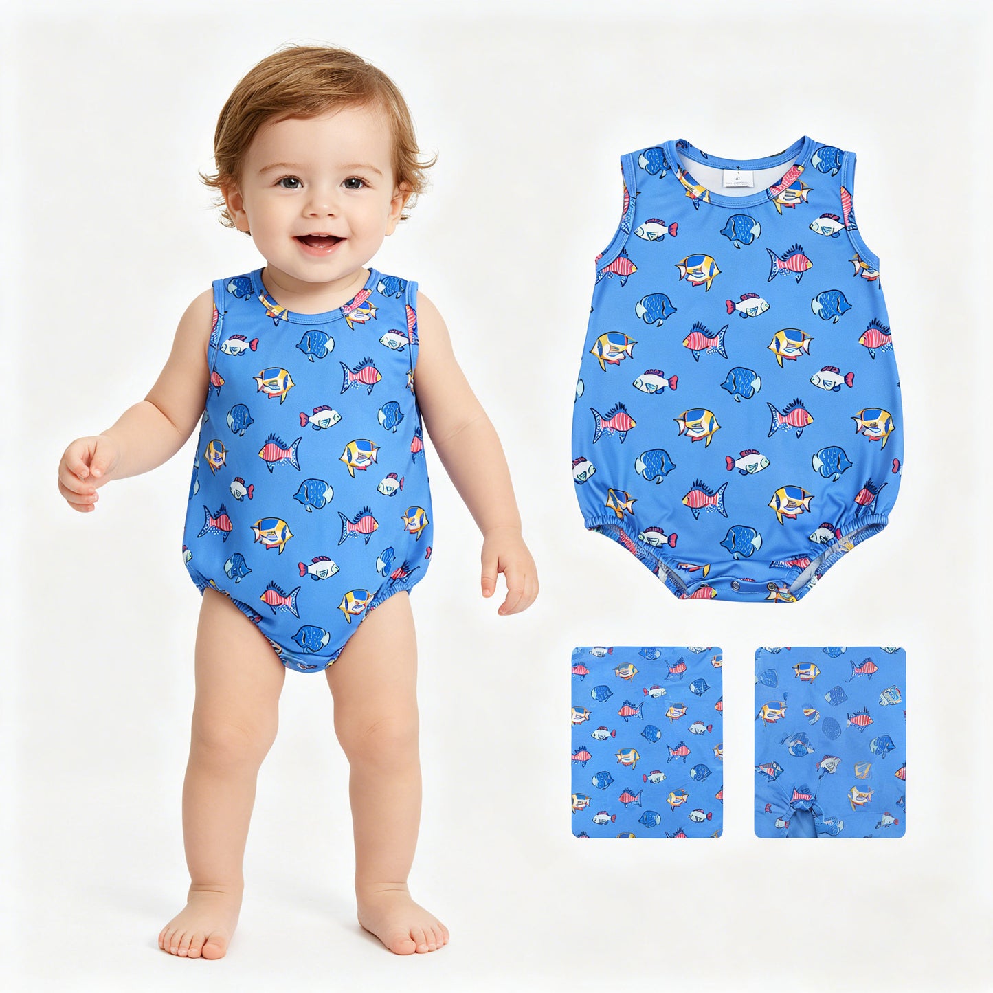 SR4151 Fishing Pattern Blue Sleeveless Boys Bubble Romper 202605 RTS