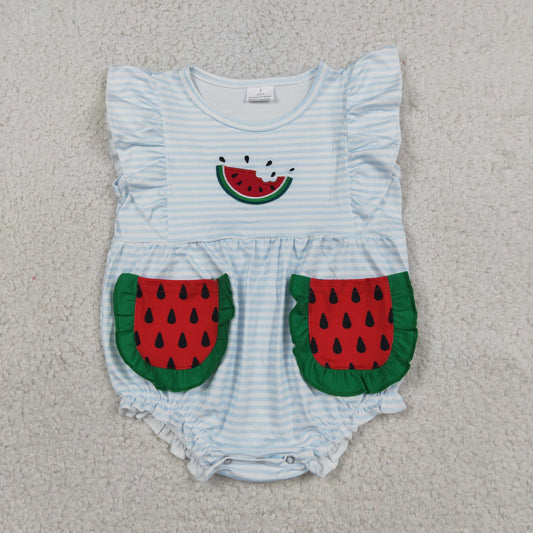 SR4153 Embroidered Watermelon Green Ruffle Pocket Blue Stripe Fly Sleeve Girls Bubble Romper 202605 RTS