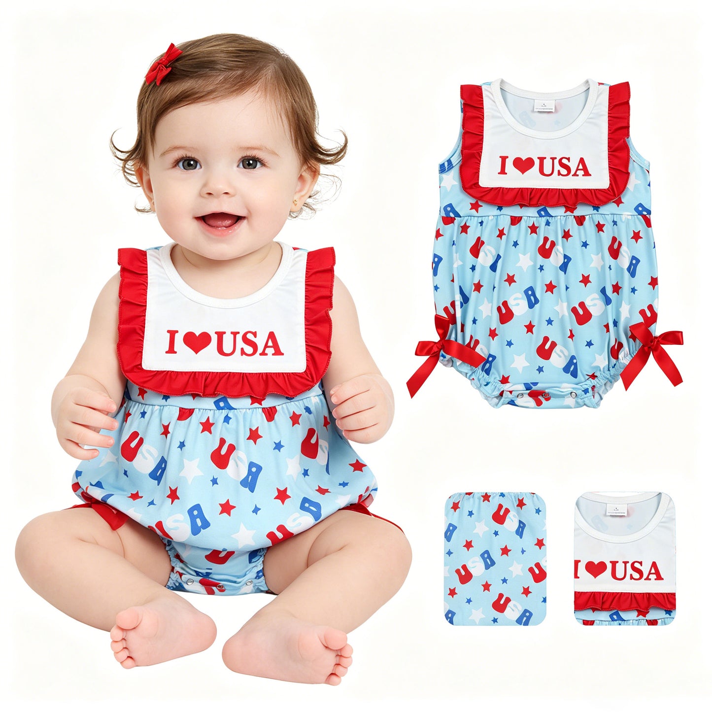SR4154 4th of July I Love USA Red Ruffle Sleeveless Girls Bubble Romper 202605 RTS