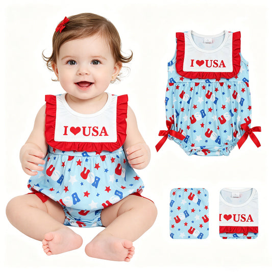 SR4154 4th of July I Love USA Red Ruffle Sleeveless Girls Bubble Romper 202605 RTS