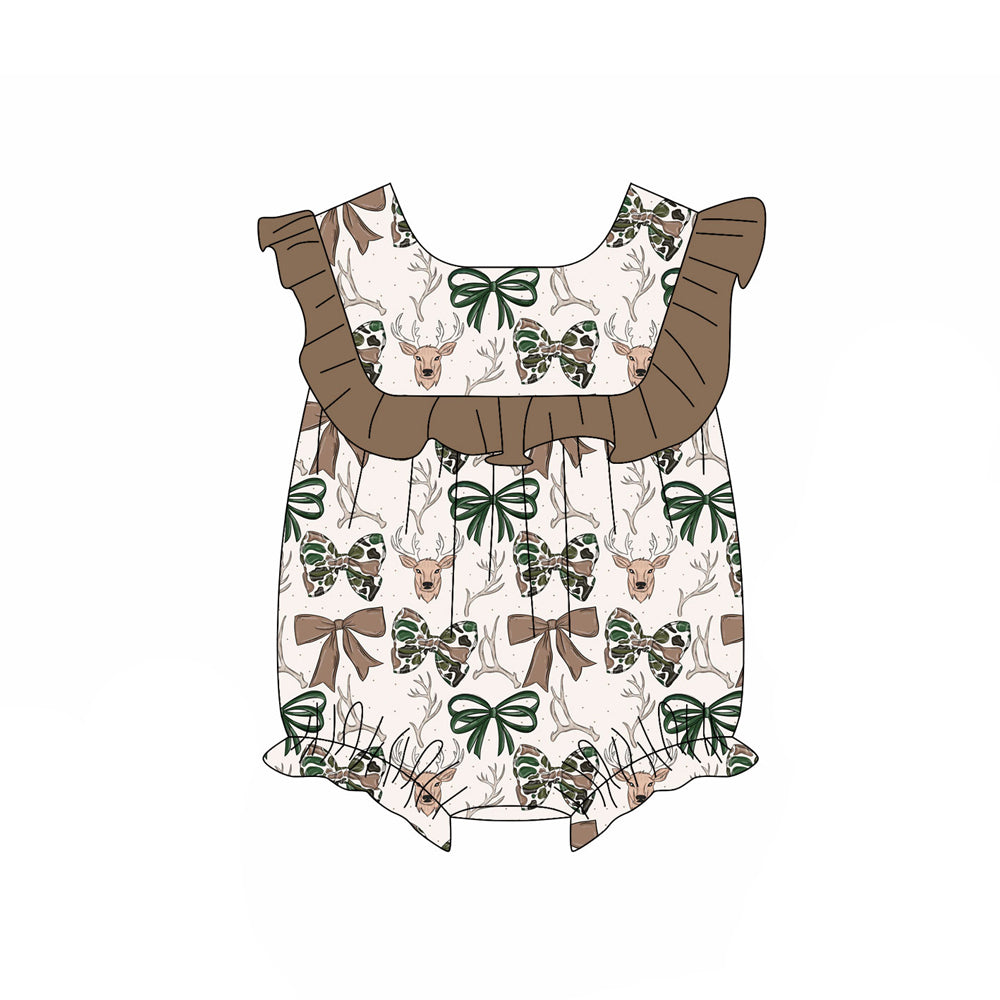 MOQ 5 PCS preorder SR4159 Deer Hunting Bows Brown Ruffle Fly Sleeve Girls Bubble Romper 202603