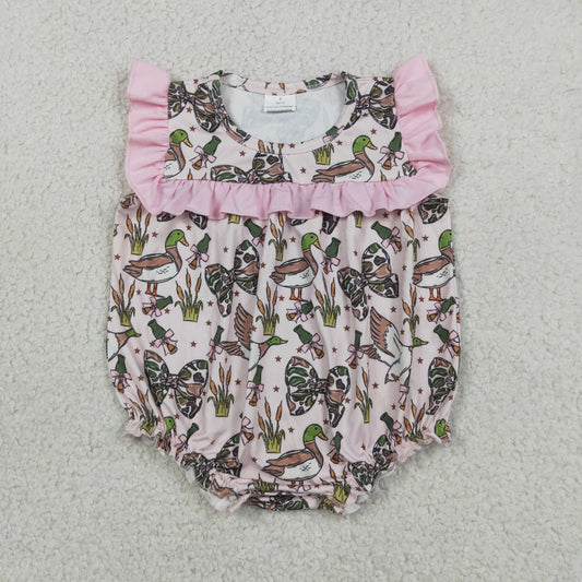 SR4160 Ducks Bows Pink Ruffle Fly Sleeve Girls Bubble Romper 202606 RTS