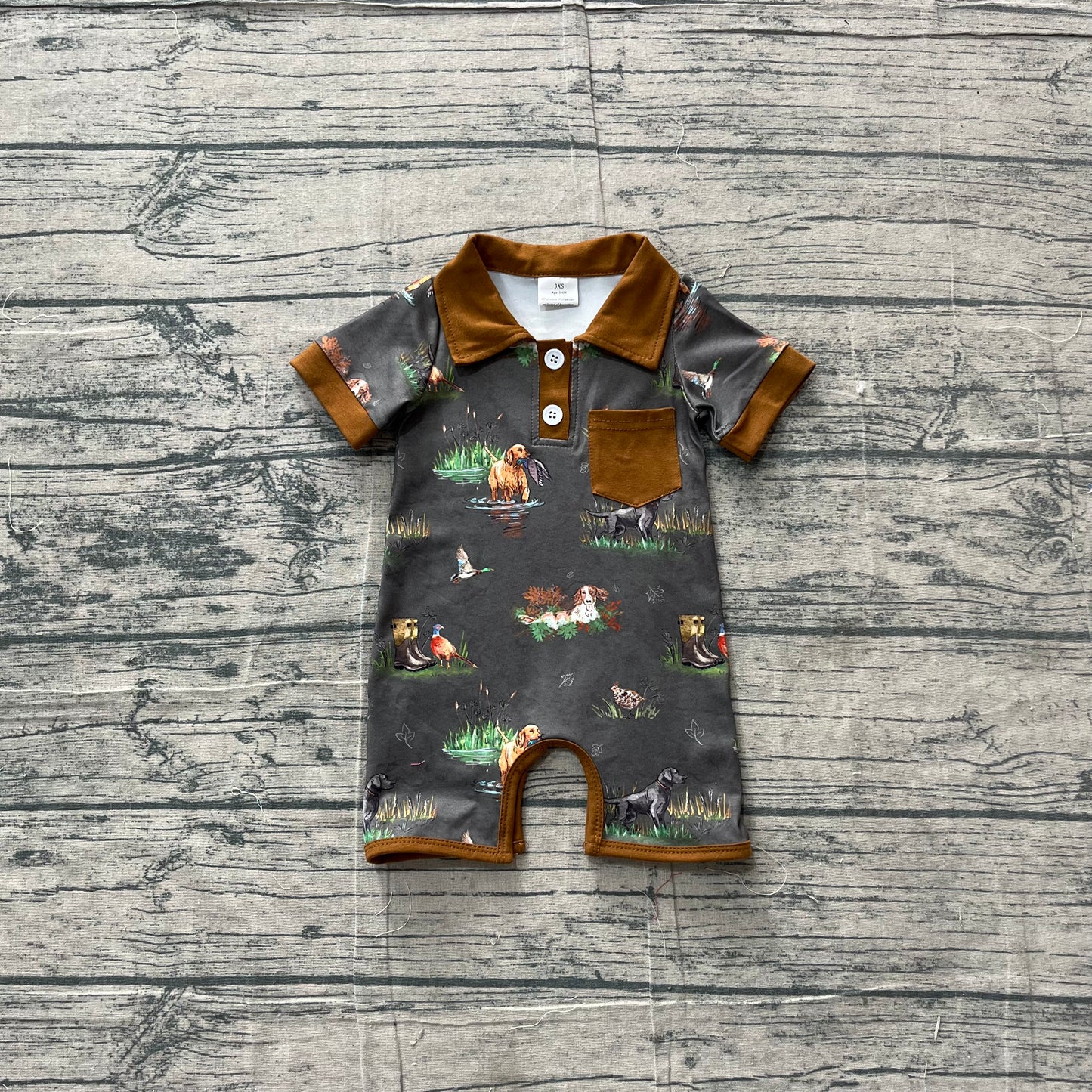 NO MOQ preorder SR4162 Puppy Duck Hunting Brown Polo Short Sleeve Boys Romper 202605