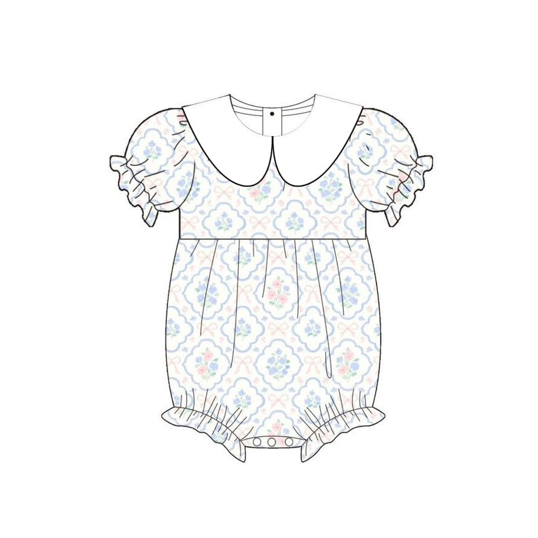 MOQ 5 PCS preorder SR4165 Flower Bows White Doll Collar Short Sleeve Girls Bubble Romper 202603
