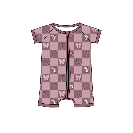 MOQ 5 PCS preorder SR4171 Wrench Tool Bow Pattern Purple Red Plaid Zip Short Sleeve Girls Romper 202604