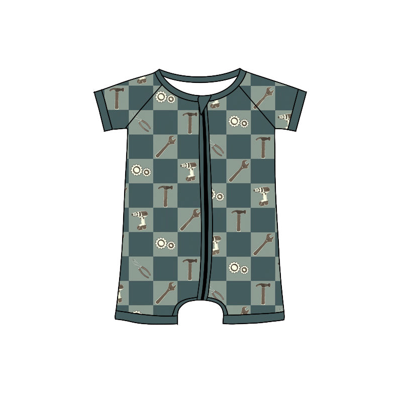 MOQ 5 PCS preorder SR4172 Wrench Tool Pattern Gray Green Plaid Zip Short Sleeve Boys Romper 202604