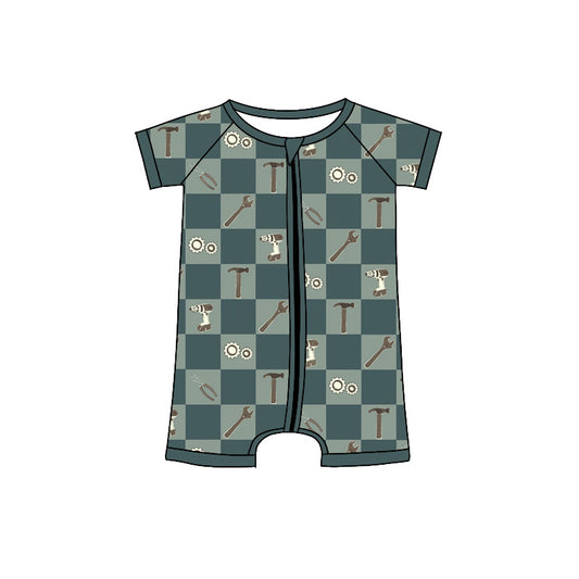 MOQ 5 PCS preorder SR4172 Wrench Tool Pattern Gray Green Plaid Zip Short Sleeve Boys Romper 202604