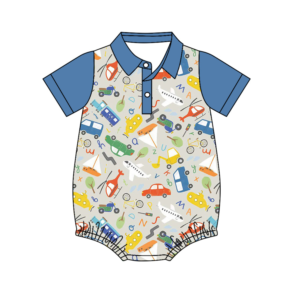 MOQ 5 PCS preorder SR4179 Airplane Car Sailboat Blue Polo Short Sleeve Boys Bubble Romper 202604