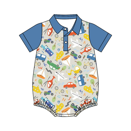 MOQ 5 PCS preorder SR4179 Airplane Car Sailboat Blue Polo Short Sleeve Boys Bubble Romper 202604