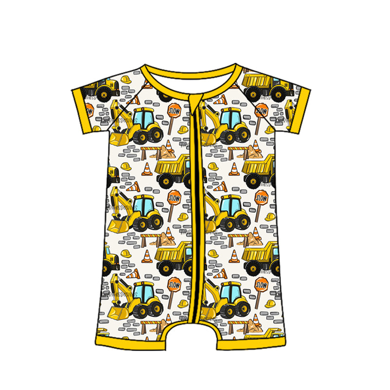 MOQ 5 PCS preorder SR4180 Slow Excavator Trucks Yellow Zip Short Sleeve Boys Romper 202604
