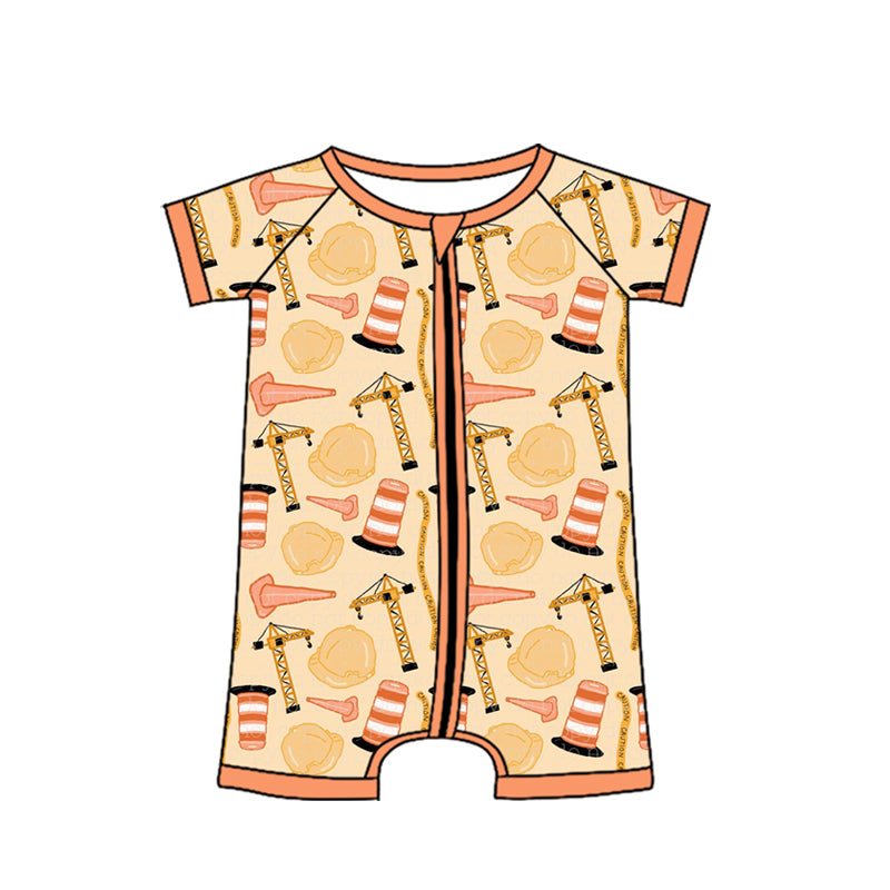 MOQ 5 PCS preorder SR4181 Safety Helmet Roadblock Tower Crane Orange Zip Short Sleeve Boys Romper 202604