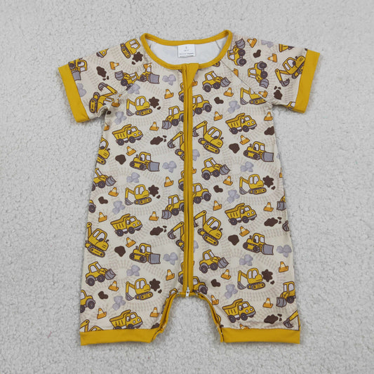 SR4183 Excavator Trucks Gray Golden Zip Short Sleeve Boys Romper 202605 RTS