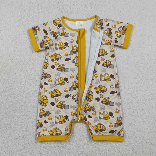 SR4183 Excavator Trucks Gray Golden Zip Short Sleeve Boys Romper 202605 RTS