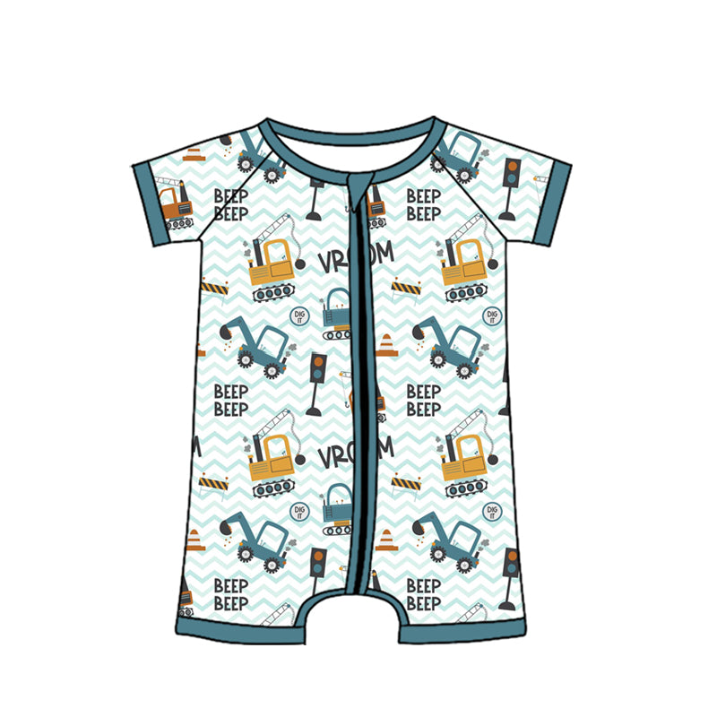 MOQ 5 PCS preorder SR4184 Trucks Gray Blue Green Zip Short Sleeve Boys Romper 202604