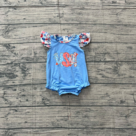 NO MOQ preorder SR4186 Embroidered 4th of July USA Star Floral Blue Fly Sleeve Girls Bubble Romper 202605
