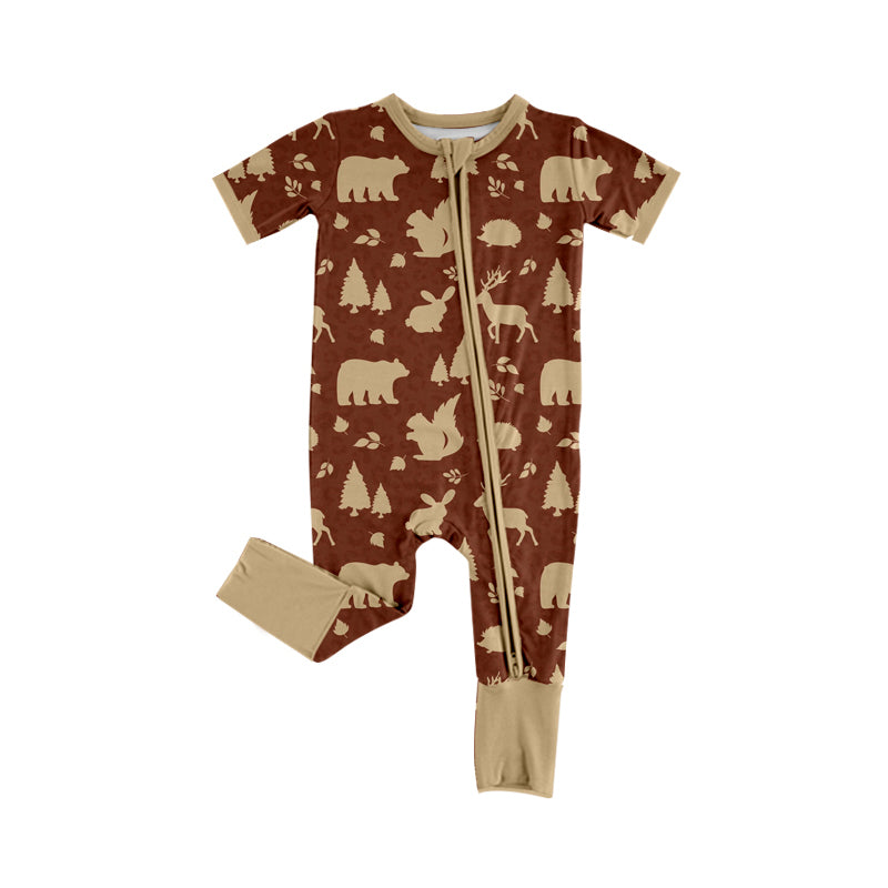 MOQ 5 PCS preorder SR4191 Deer Squirrel Bear Tree Pattern Brown Zip Short Sleeve Boys Romper 202604
