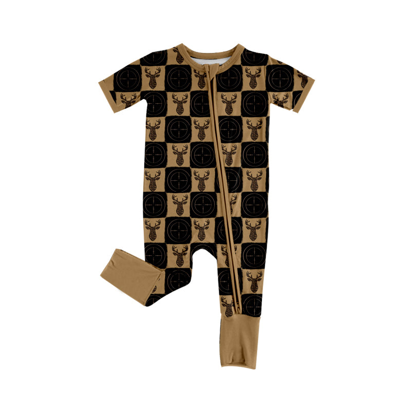 MOQ 5 PCS preorder SR4193 Deer Hunting Brown Black Plaid Zip Short Sleeve Boys Romper 202604