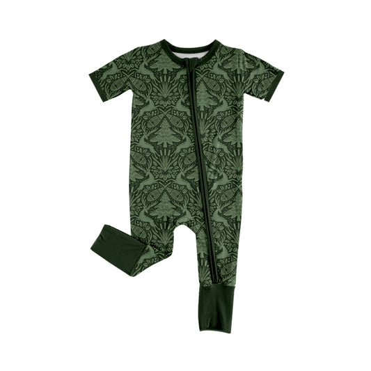 MOQ 5 PCS preorder SR4194 Deer Pine Tree Dark Green Zip Short Sleeve Boys Romper 202604