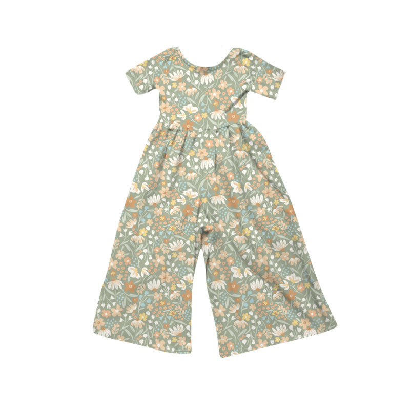 MOQ 5 PCS Preorder SR4197 Flower Leaf Gray Green Short Sleeve Girls Overalls Jumpsuits 202604