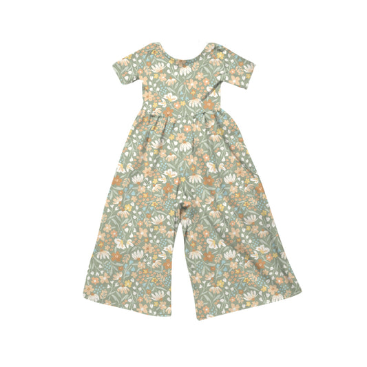 MOQ 5 PCS Preorder SR4197 Flower Leaf Gray Green Short Sleeve Girls Overalls Jumpsuits 202604