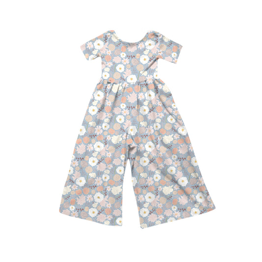 MOQ 5 PCS Preorder SR4198 Flower Gray Blue Short Sleeve Girls Overalls Jumpsuits 202604