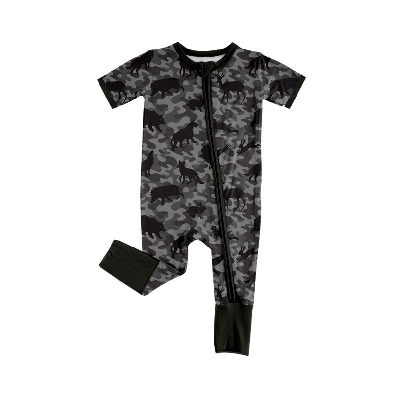 MOQ 5 PCS preorder SR4208 Deer Wild Boar Gray Camouflage Zip Short Sleeve Boys Romper 202604
