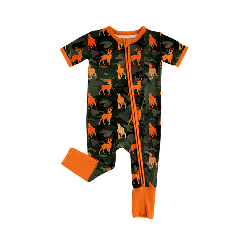 MOQ 5 PCS preorder SR4210 Deer Hunting Green Camouflage Orange Zip Short Sleeve Boys Romper 202604