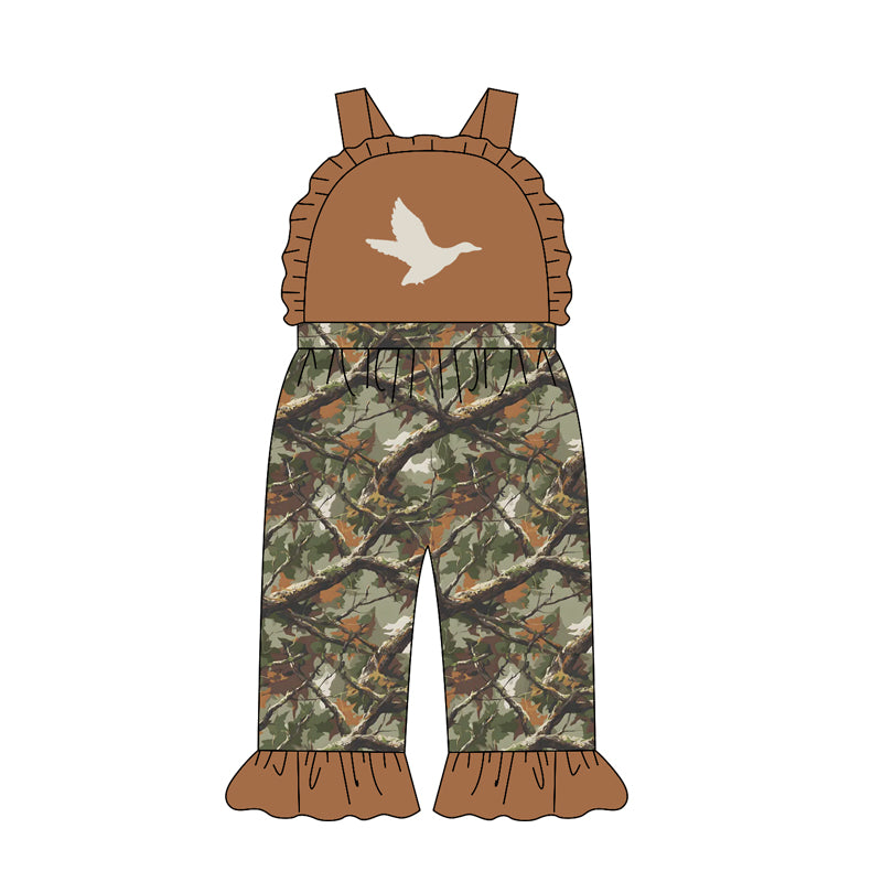 MOQ 5 PCS Preorder SR4213 Duck Hunting Branches Leaves Brown Ruffle Sleeveless Girls Overalls Jumpsuits 202604