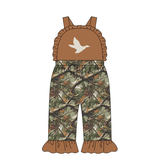 MOQ 5 PCS Preorder SR4213 Duck Hunting Branches Leaves Brown Ruffle Sleeveless Girls Overalls Jumpsuits 202604