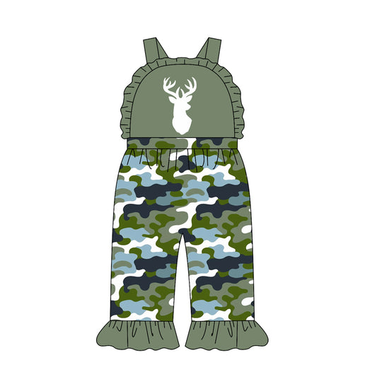 MOQ 5 PCS Preorder SR4215 Deer Hunting Blue Green Camouflage Ruffle Sleeveless Girls Overalls Jumpsuits 202604