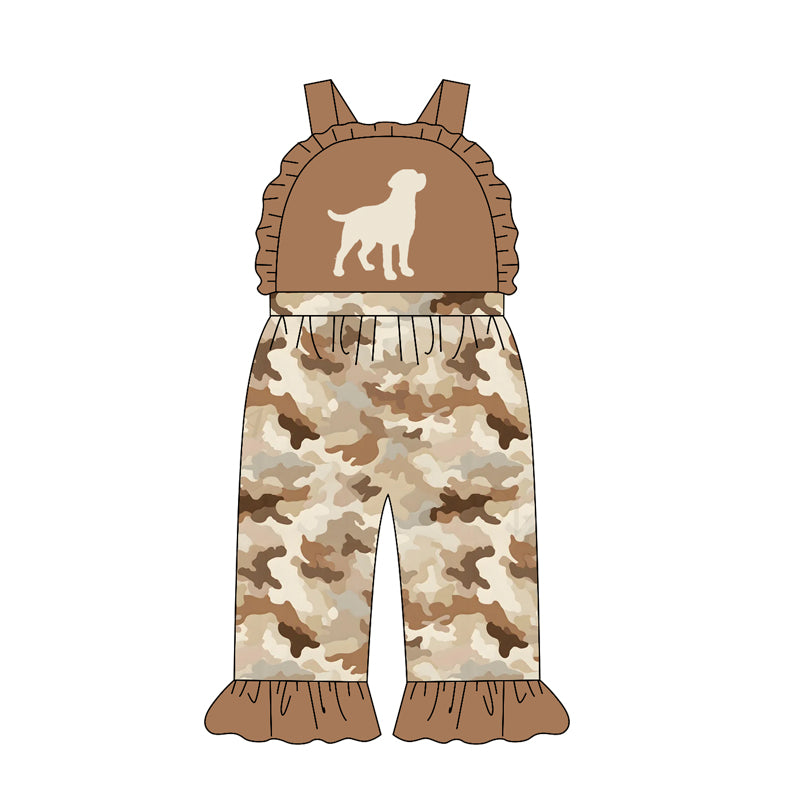 MOQ 5 PCS Preorder SR4216 Puppy Camouflage Brown Ruffle Sleeveless Girls Overalls Jumpsuits 202604